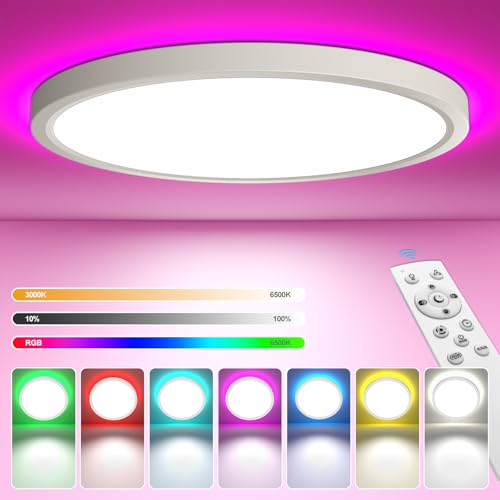 YiLaie Plafon LED teto regulável 24 W 2700 LM, 3000 K-6500 K candeeiro de teto com controlo remoto, luz de teto LED RGB, IP54 impermeável para casa de banho sala de estar quarto, cozinha, Ø 30 cm
