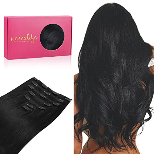 WENNALIFE Extensões de clipe de cabelo natural, 35 cm, 120 g, 7 peças, preto azabache extensões de cabelo naturais extensões de cabelo Remy extensões cabelo postiços mulher