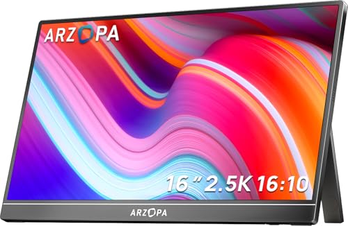 ARZOPA Monitor portátil de 16,0" 2,5 k, ecrã portátil HDR, 2560 x 1600, 500 nits 8bit QHD, monitor portátil USB-C HDMI para portátil, 16:10 IPS, suporte unissexo para Mac PC PS4/5 Xbox Switch Z1RC