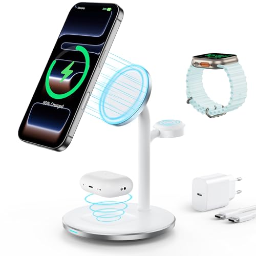 RoRoSkin Carregador sem fios 3 em 1 para vários dispositivos, estação de carregamento rápido mag-Safe de 15 W para iPhone 16, 15 e 14, carregador mag-Safe para iWatch Ultra2/1/série 10/9/8, AirPods