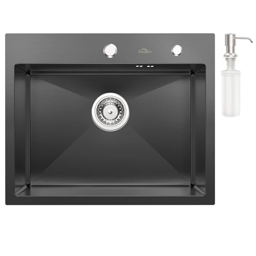 Auralum Lava-louça cozinha preto cinzento 55 x 45 cm, lava-louça cozinha 1 seio em aço inoxidável, lava-louças com dispensador de sabão, lava-louça sobre bancada ou arrumado