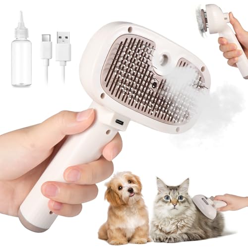Brencco Escova a vapor para gatos, escova de gato 4 em 1, pente com vapor para cães, gatos, escova de gato recarregável, escova de animais de estimação com vapor de limpeza com um clique para pelo