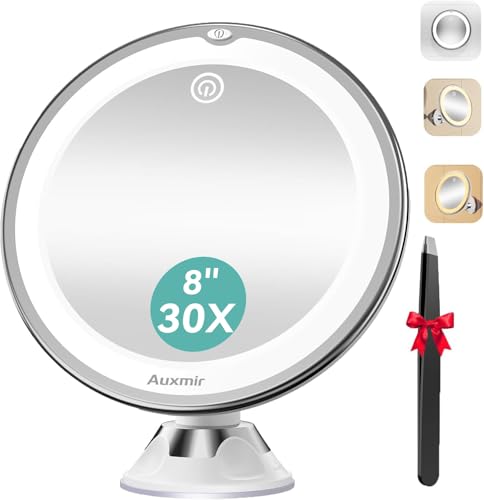 Auxmir Espelho de maquilhagem com luz LED, aumento de 30 x com ventosa forte, brilho regulável, giratório de 360 °, portátil para parede, casa de banho, viagem, depilação e sobrancelhas, branco