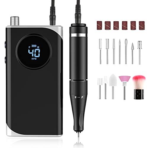 Torno profissional para unhas 40000 RPM, torno de unhas sem fios polidor lima elétrico unhas portátil para semipermanentes, acrílico manicure e pedicure, baixa vibração, salão bricolage (preto)