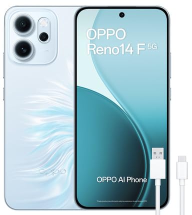OPPO Reno14 5G – Smartphone livre com IA, 8 GB RAM 256 GB, câmara tripla 50 MP, bateria 6000 mAh, carregamento rápido 45 W, ecrã AMOLED 120 Hz, IP69, Dual SIM, Android, versão espanhola - Azul