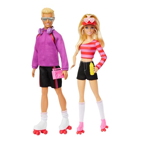 Barbie Fashionistas Barbie e Ken patinadores, pack boneca e boneco louros com patins e acessórios de patinagem, coleção 65º aniversário, presente de brinquedo para meninos e meninas +3 anos, HXK90