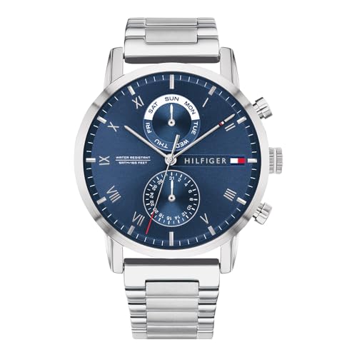 Tommy Hilfiger Relógio analógico de quartzo multifuncional para homem com correia em aço inoxidável prateado - 1710401, azul, pulseira