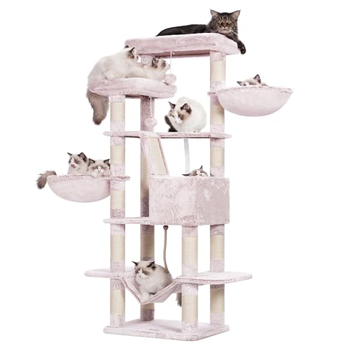 Heybly Raspador para gatos, árvore para gatos, altura 173 cm, torre de gatos, com 17 postes de arranhões, 2 plataformas, 2 cesta, 1 gruta, 1 rede, 2 pompões, tecido de pelúcia, bege castanho HCT00 25