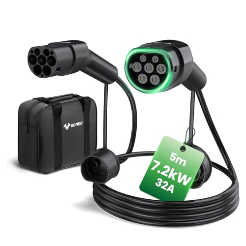 GONEO EV Cabo de carregamento tipo 2 7,2 kW 32A 5 m monofásico modo 3, cabo de carregamento rápido híbrido tomada para veículo elétrico tipo 2 a tipo 2 cabo de carregamento