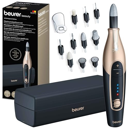 Beurer MP 84 Edition Set de manicure/pedicure, torno de unhas elétrico com bateria recarregável, 10 acessórios, luz LED, estojo, até 4400 rpm, corta-unhas para o cuidado das mãos e pés, preto