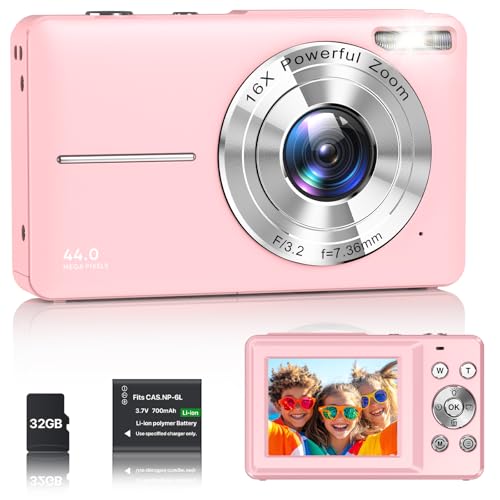 Câmara digital 1080P câmara de fotos HD 44MP câmara digital compacta com ecrã LCD de 2,4 polegadas, zoom digital 16X, cartão de memória micro de 32G, 1 bateria para crianças, adolescentes - rosa