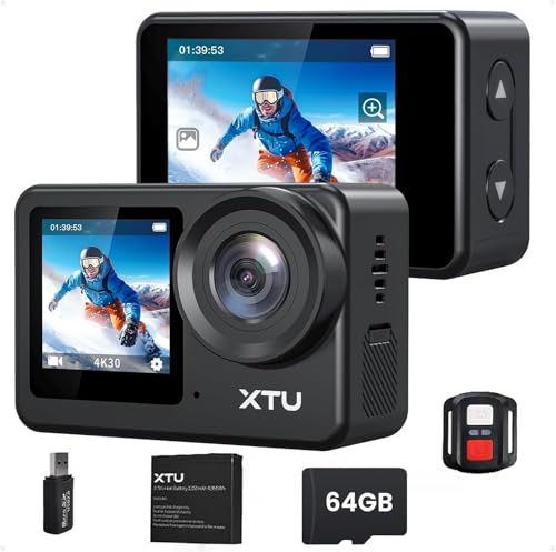 XTU S6 Câmara desportiva 4K30FPS, câmara aquática SuperSmooth 4.0 EIS estabilizador, suporte Gyroflow, ecrã duplo com cartão 64 GB SD, controlo remoto, suporta controlo por voz