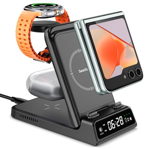Carregador sem fios para Samsung Z Flip 7/Watch 8/8 Classic, 3 em 1 estação de carregamento para Galaxy Z Flip7 FE/6/5/4/3/2, Galaxy Watch Ultra 2025/7/6/5/4/3, Galaxy Buds 3, SwanScout 32DDD o
