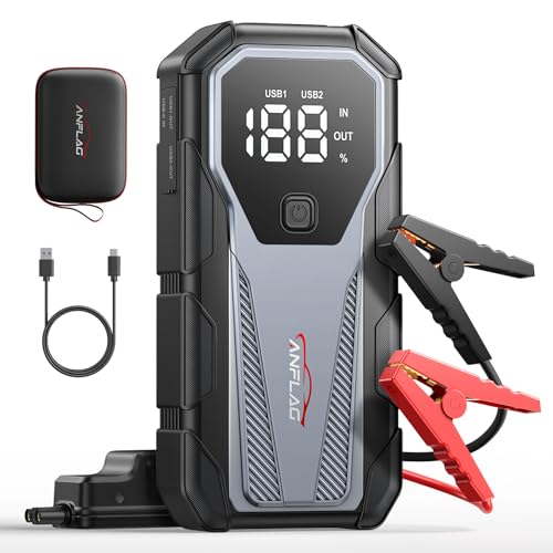 Iniciador de carros 4500 A, 12 V arranque de baterias para carros (para 9,0 L Disessel ou 10,0 L Gás), Jump Starter com 2,7 polegadas ecrã LCD, pinças inteligentes, carregamento rápido USB, luz LED