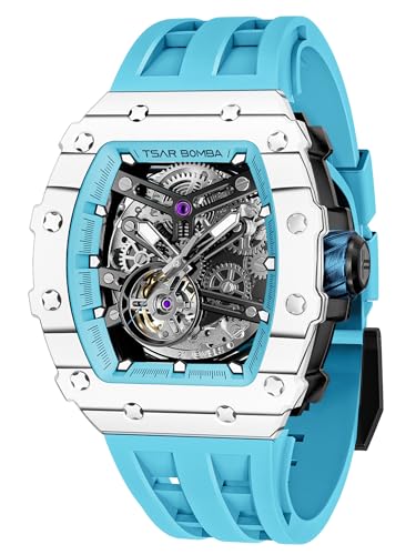 TSAR BOMBA Relógios mecânicos automáticos de luxo para homem - movimento japonês cristal de safira - relógio impermeável para homens 50 m - relógio quadrado com esqueleto - correia de silicone