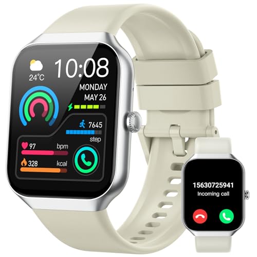 Relógio inteligente para mulher e homem, 1,96" Smartwatch com chamada Bluetooth, monitor de sono/podómetro, 113 modos desportivos, pulseira de atividade impermeável IP68 para Android iOS bege