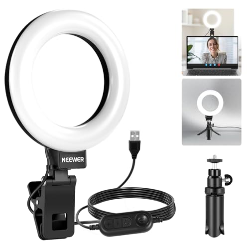 NEEWER Básico de 5" anel de luz com clipe e mini tripé, kit de luz com tripé de mesa para telemóvel, portátil, monitor, videoconferência, selfie, log, maquilhagem, transmissão ao vivo, gravação, BR60
