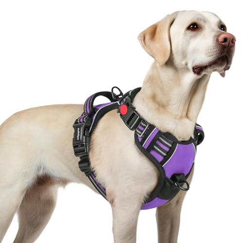 rabbitgoo Arnês médio para cão com 3 fivelas, libertação do pescoço, arnês ajustável com alça e clipe frontal, arnês antipuxões para cães refletor, para treino correr, roxo, L