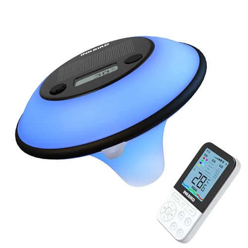Inkbird IBS-P05R Termómetro piscina solar com 7 luz colorida, impermeável IP68, sensor de luz automático, função de tempo, termómetro piscina com controlo remoto para spa, lagoas, aquário