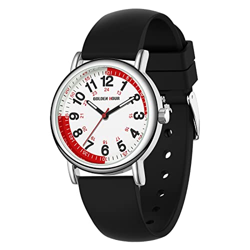 GOLDEN HOUR Relógio de enfermeira impermeável para profissionais médicos, estudantes, mulheres e homens, mostrador Luminouse fácil de ler, 24 horas com segunda mão, correia de silicone