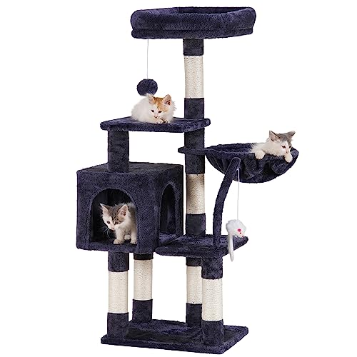 Hey-brother Árvore para gatos, Árvore de raspador para gatos, com cama de plataforma com almofada, bola de brinquedo, gruta para gatos confortável, rede e poste de aranha, cinzento fumado 0EMPJ004SG-N