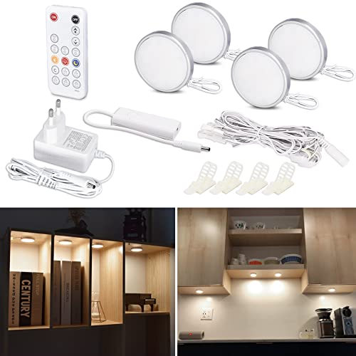 WOBANE Luz LED para vitrine com controlo remoto regulável, 4 luzes LED LED adesivas para armários com comando e tomada para iluminação prateleiras, bancada, vitrinas, branco frio 6000 K