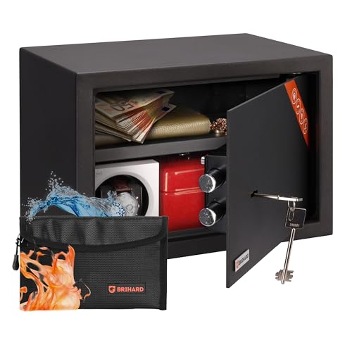 Brihard Family Caixa metálica com chave de 25 x 35 x 25 cm com bolsa ignífugo, para casa 20 l com prateleira removível, adapta-se a A4, documentos, jóias, dinheiro em dinheiro