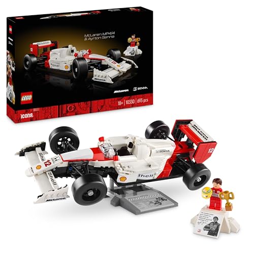 LEGO Icons McLaren MP4/4 e Ayrton Senna minifigura F1, decoração de secretária para casa e escritório, presente para homens e mulheres, mochila de carro de corrida, artesanato para adultos 10330