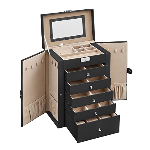 SONGMICS Caixa de jóias de 6 níveis, caixa para jóias com 5 gavetas, grande espaço, interior com espelho, fechadura, armazenamento de jóias, presente para seres queridos, para relógios, preto