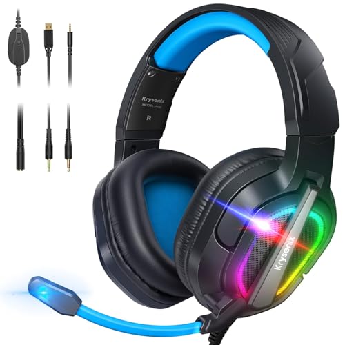 Krysenix PG2 Auriculares Gaming para PS4, PS5, PC, Xbox One, capacetes de jogo com som de microfone estéreo IA, capacetes de cancelamento de ruído, capacetes com conector de 3,5 mm e luz RGB, preto