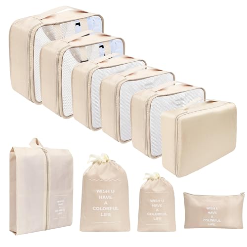 Organizador de mala de 10 peças, embalagem cubos impermeáveis para viagens e férias, incluindo sacos de roupa, bolsas para sapatos e bolsas cosméticas. Sacos de viagem organizador (caqui)
