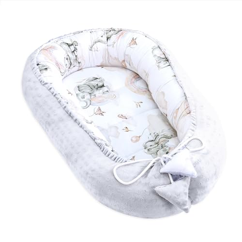 Totsy Baby Ninho de bebé recém-nascido 90 x 50 cm, redutor de berço de colecho Minky Winter quente boné ideal para moisés, gôndola e viagem elefante cinzento claro
