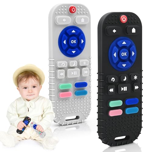 AiTuiTui Mordedor bebé refrescante para 0-6-12 meses, 2 peças silicone mordedor controlo remoto brinquedos de casa de banho para 3-6-9 meses menino menina, macio brinquedo a dentição do bebé, preto e