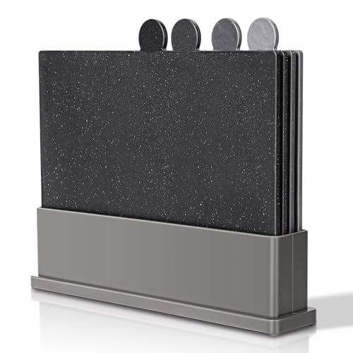 MASTERTOP Conjunto de 4 tábuas de cortar em plástico com suporte tábuas de cozinha multiusos em PP de qualidade alimentar adequadas para máquina de lavar louça, tábuas para cortar carne, peixe e