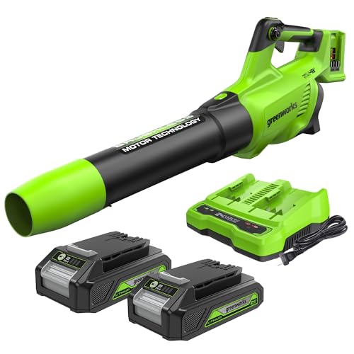 Greenworks Ventilador de folhas sem fios axial (duas baterias de 2 x 24 V 225 km/h velocidade ar soprador axial potente c/controlo eletrónico de velocidade com bateria 2 x 2 Ah e carregador de ranhura