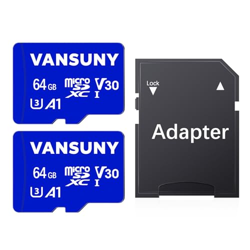 Vansuny Micro SD 64 GB 2 pacotes com adaptador SD micro SD, 64 GB, velocidade de 90 MB/s (A1, UHS-I, classe 10, U3, V30)