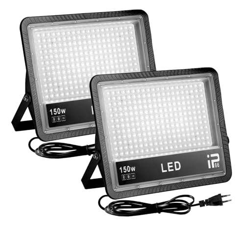 OUSIDE 2 peças holofote LED exterior de 150 W com tomada, iluminação extrema 15000 LM - branco frio 6500 K, IP66 impermeável, ideal para casa, pátio e mais