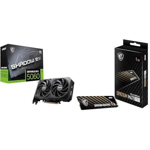 MSI GeForce RTX 5060 8G Shadow 2X OC Placa gráfica GDDR7, PCIe 5.0, HDMI 2.1b, DP 2.1b SPATIUM M470 Pro SSD 1TB, PCIe 4.0 NVMe M.2 SSD integrado, leitura 6000 MB/s Y 4500 Escrita MB/s