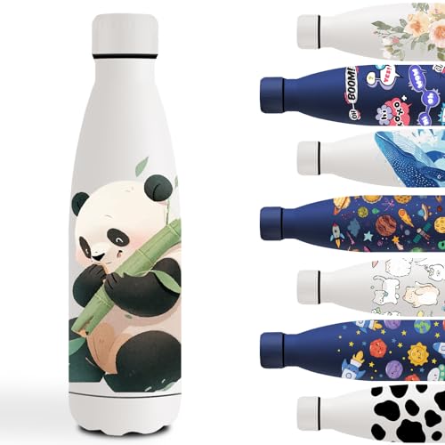 Garrafa de água de aço inoxidável 500 ml, cantil de aço inoxidável, fácil de transportar, garrafa de água personalizada com pássaro, cantil infantil para a escola, escritório, branco, panda