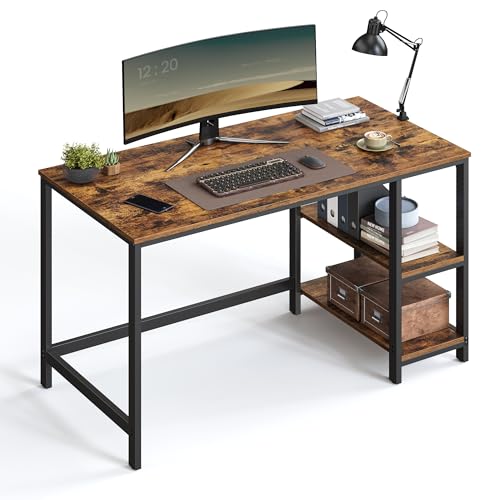 VASAGLE Secretária, mesa de computador, com 2 prateleiras à esquerda ou à direita, para escritório, quarto, estrutura de aço, industrial, castanho rústico e preto LWD47X
