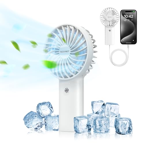 TECKNET Ventilador de mão, 5200 mAh ventilador portátil USB com função de energia móvel, ajustável a 3 velocidades ventilador pequeno recarregável o escritório, casa, viagens, exterior