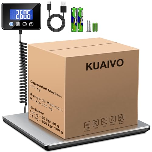 Bascula industrial, balança malas de viagem de 300 kg/20 g com função de retenção/tara, balança com ecrã LCD para embalagens, bagagem e armazenamento, inclui 2 baterias AAA e cabo de carregamento