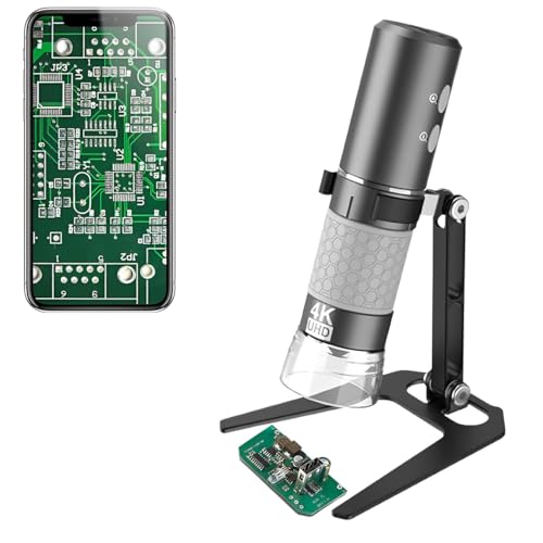 Jiusion WiFi USB Microscópio digital manual, 50 a 1000 x aumento sem fios endoscópio 4K 3840 x 2160P câmara 8 LED com suporte de metal para iPhone iPad Android Mac Windows Linux Chrome