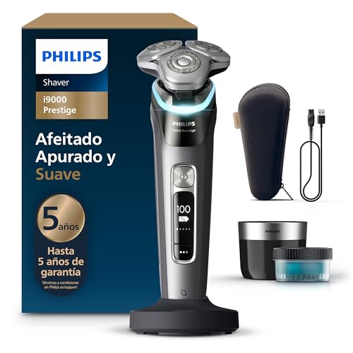 Philips i9000 Prestige, máquina de barbear elétrica para homem, máquina de barbear a seco e molhado, tecnologia SkinIQ, base de carregamento, recarregável, estojo de viagem, centro de limpeza, XP9202