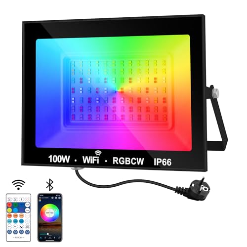 NATPOW Projetor RGB exterior LED de 100 W com APP Bluetooth e controlo remoto, IP66 impermeável Floodlight que muda de cor para jardins, pátios, Halloween