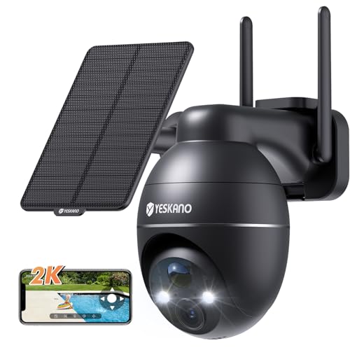 YESKANO Câmara de vigilância WiFi exterior solar, 2K câmaras de vigilância sem cabos, 360° PTZ, visão noturna colorida, 2,4 GHz Wi-Fi, detecção de IA, PIR sereia, IP66 (preto)