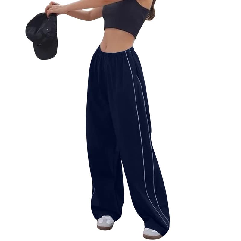 Litthing Calças cargo mulher calças com bolsos laterais elásticos reto para-chute Pants Hippies Harajuku Streetwear Hip Hop Pant largas vintage de cintura alta