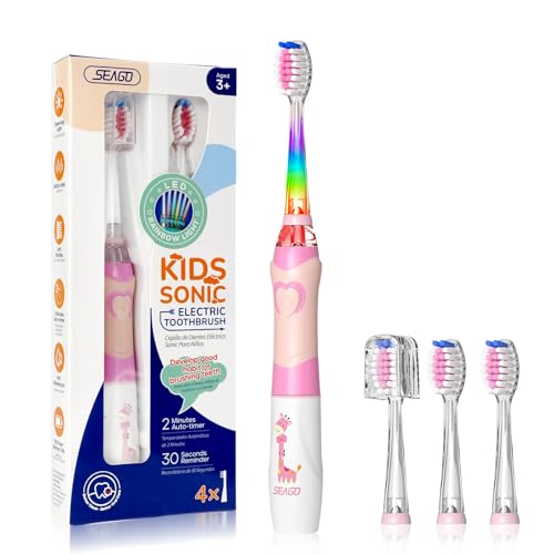 Seago Escova de dentes infantil com luz colorida, escova elétrica infantil 3 cabeças de substituição extra macias, temporizador de 2 minutos, adequado para crianças acima de 3 anos SG977 (rosa)