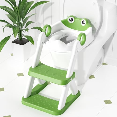 COOSEYA Frog Redutor WC crianças, Baby dobrável casa de banho adaptador WC crianças, ajustável treino escada melhorado 2 em 1, tapete impermeável e escada antiderrapante