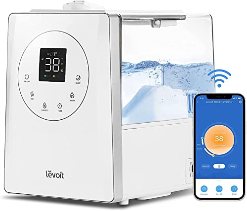 LEVOIT Top-Fill Humidificador 6L para bebés, névoa fria e quente com aromaterapia a 36H e 40 - 70 m², modo de sono silencioso 25 dB, controlo inteligente compatível com Alexa e APP, temporizador,
